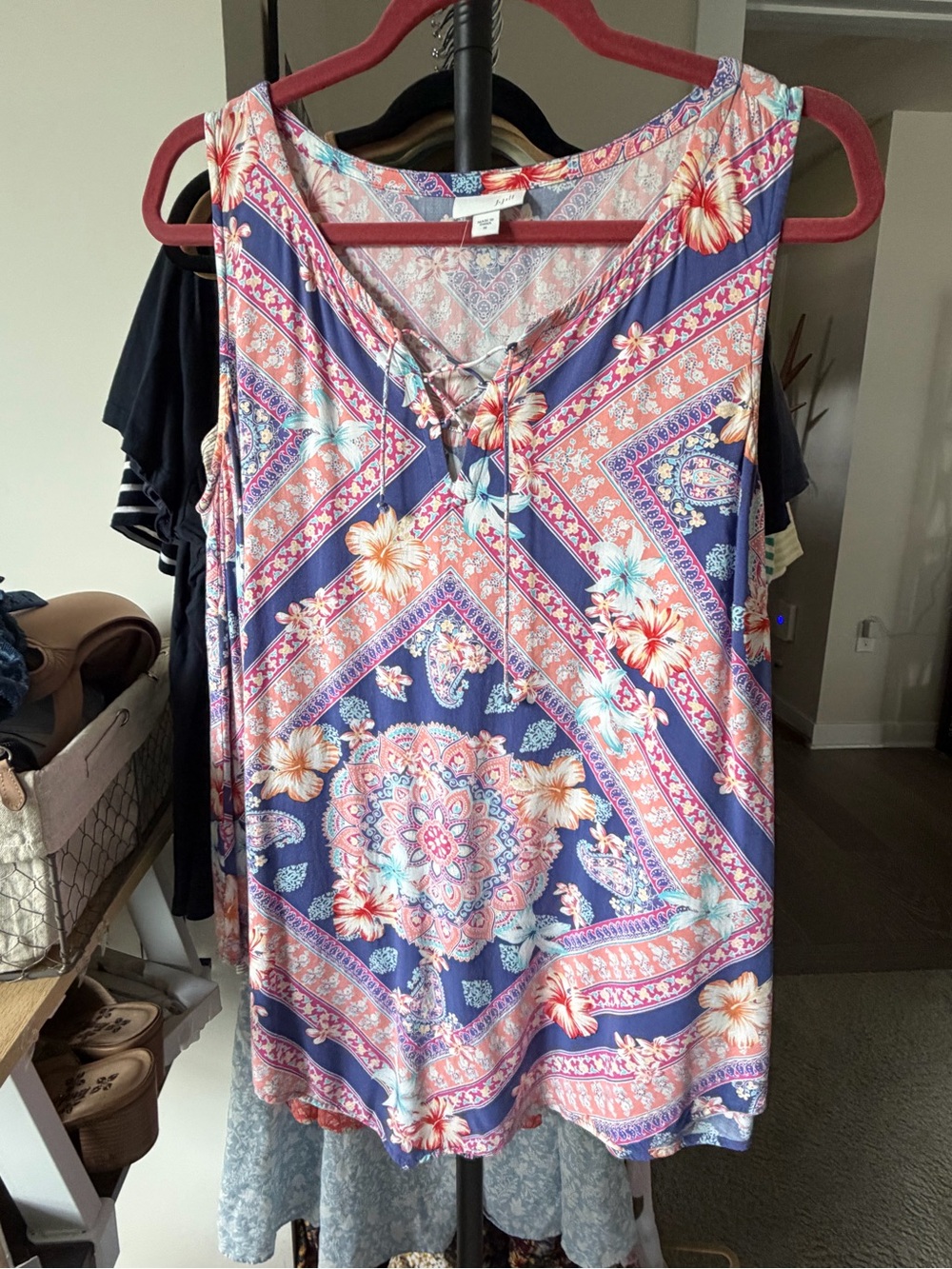 J. Jill Boho Lace-Up Floral Sleeveless Top - Navy & Coral